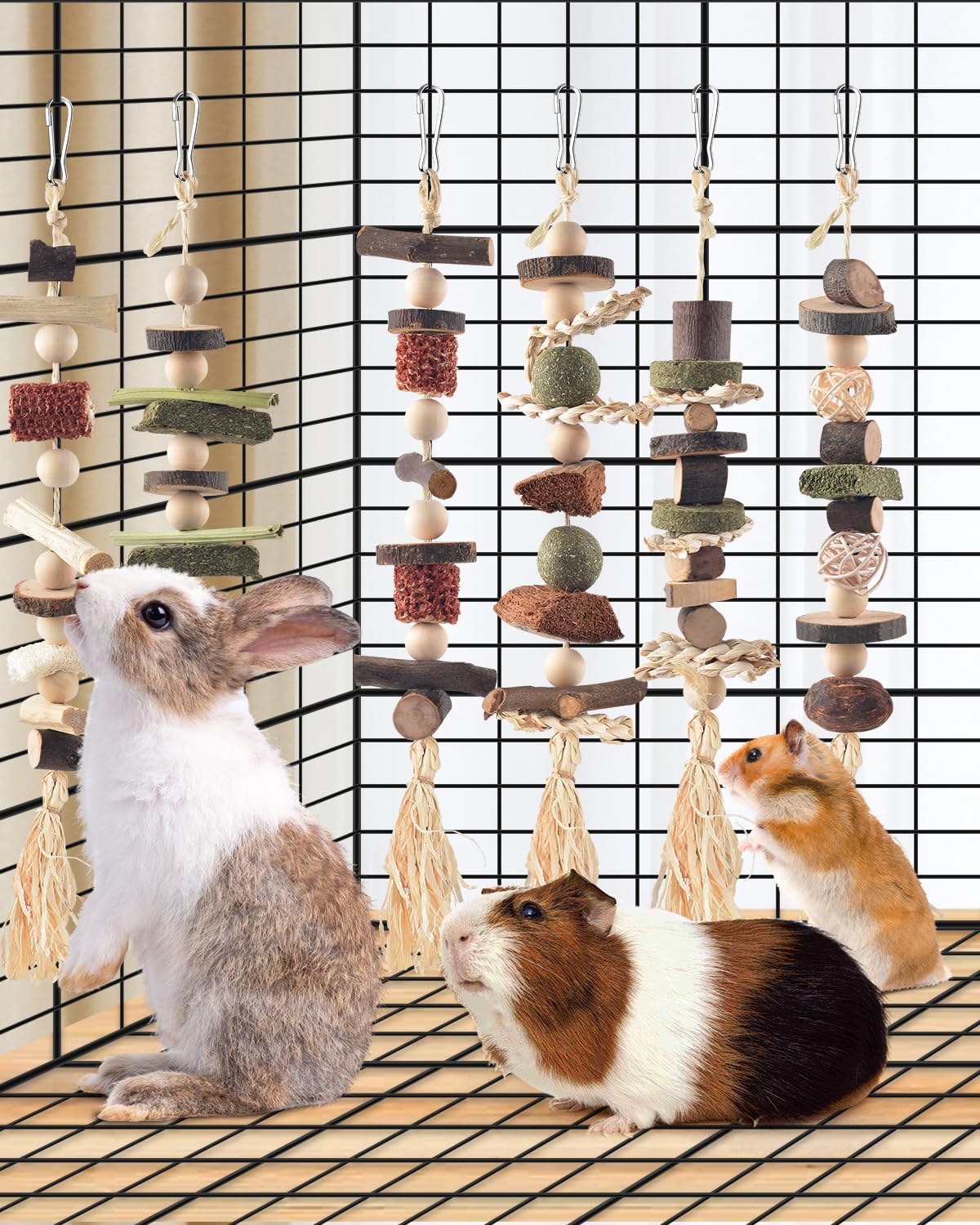 6PCS Bunny Chew Toys, Hamster Rabbit Cage Hanging Chew Toys, Natural Apple Wood Bunnies Treats, Improve Small Animal Teeth Health for Guinea Pig Chinchilla Ferret Rats Gerbil