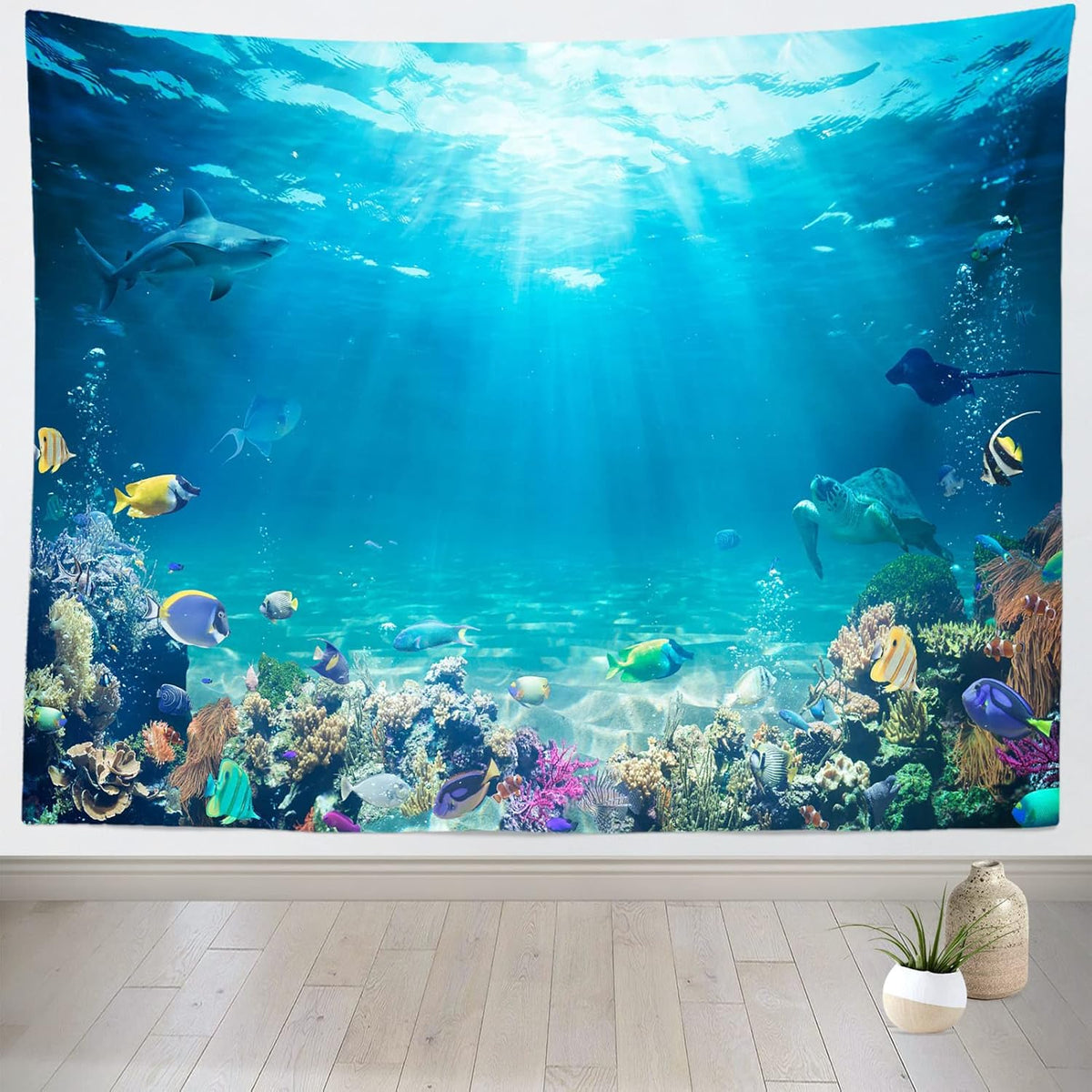 Loccor Underwater World Tapestry Blue Ocean Wall Hanging Under the Sea Coral Reef Wall Tapestry Tropical Fish Tank Undersea Tapestries Marine Wall Art for Bedroom Living Room Dorm Decor 92x70 Inches