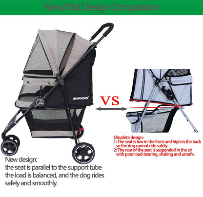 ROODO 3 Wheel Dog Pet Cat Stroller Best Lightweight Foldable Compact Portable Jogger All Terrain Travel Pet Gear Puppy Kitty Stroller for up to 30lbs Medium Small Dogs and Cats(Light Khaki)