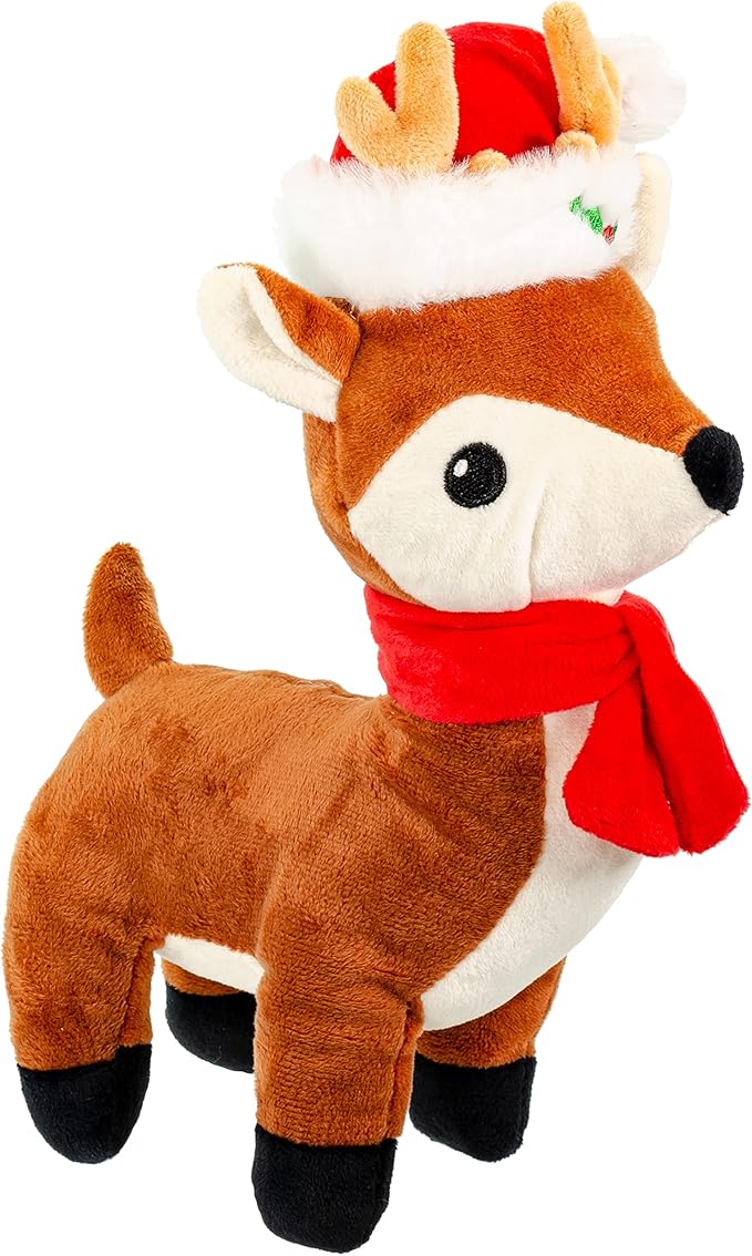 Giftable World Holiday Plush Pet Toy Fun for Christmas Designs with Squeaker Dog Chew Toy (10" Reindeer w/Hat & Squeaker)
