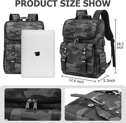 YALUNDISI Vintage Backpack Travel Laptop Backpack with usb Charging Port for Women & Men College Backpack Fits 15.6 Inch Laptop Camouflage Gray