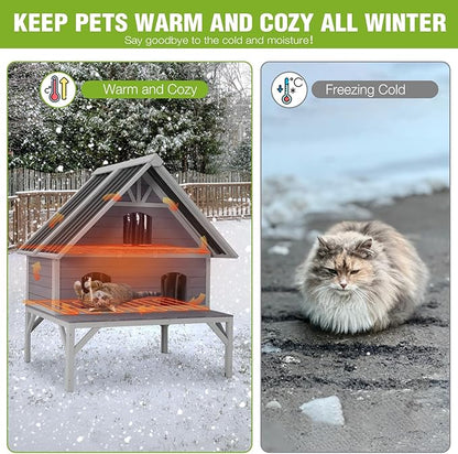 GUTINNEEN Heated Cat House 2-Level Large Outdoor Cat House Insulated Weatherproof Feral Cat Shelter with 2 Heating Pads, Insulated All-Round Thermal Liner, Large Porch, 3 Escape Doors for 1-6 Cats