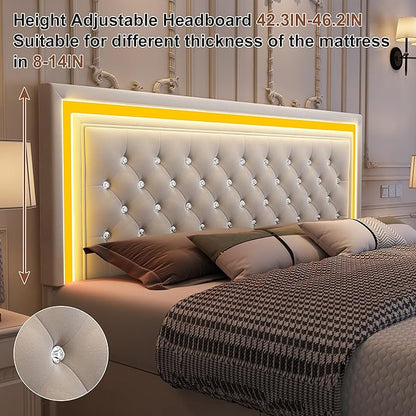 Queen led Bed Frame with 4 Drawers, Upholstered Platform Bed with Solid Wooden Slats Support, No Box Spring Needed, 900 lbs Capacity, Easy Assembly, Velvet Cream