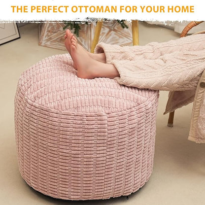Homlazeezy Round Stuffed Pouf Ottoman for Foot Rest, Storage Ottoman Pouf Foot Stool Cushion, Faux Fur Poufs with Foam Chunk Filling, 26 X 18 Inch Floor Chair for Living Room Bedroom Home Decor, Pink