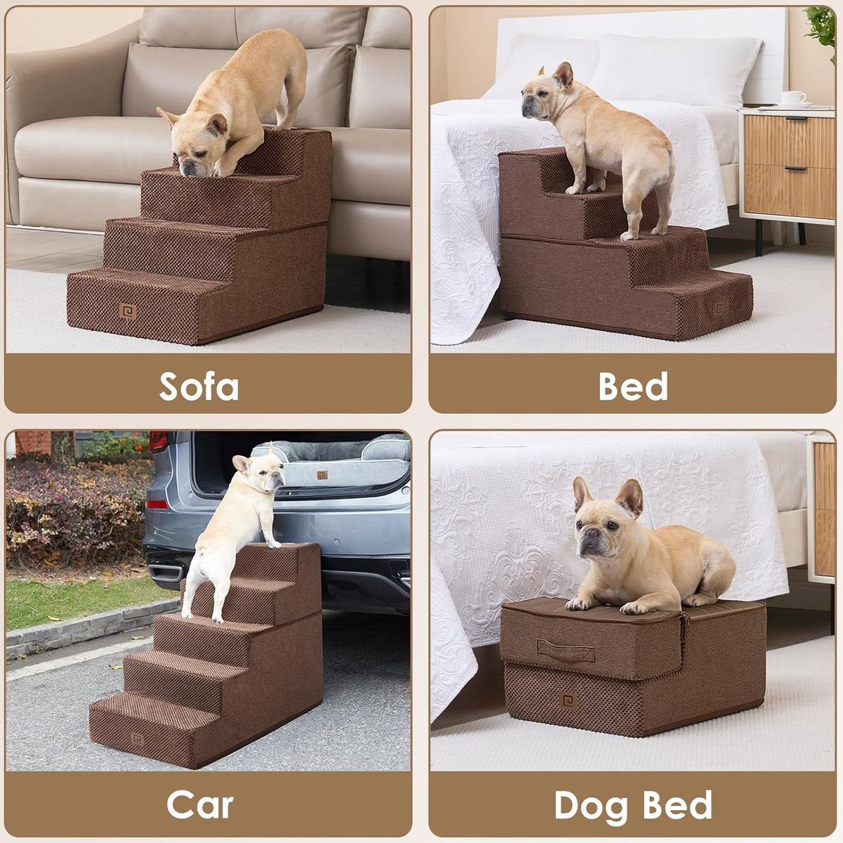 EHEYCIGA Dog Stairs for Small Dogs 13.5" H, 3-Step Dog Steps for Couch Sofa and Chair, Pet Steps for Medium Cats, Non-Slip Balanced Pet Ramp Indoor, Brown