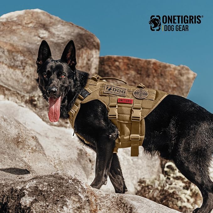 OneTigris Large Tactical Dog Harness, No Pulling Adjustable Dog Vest Harness, Heavy Duty Dog Harness with Handle, Large Hook and Loop Panels for Patch Brown