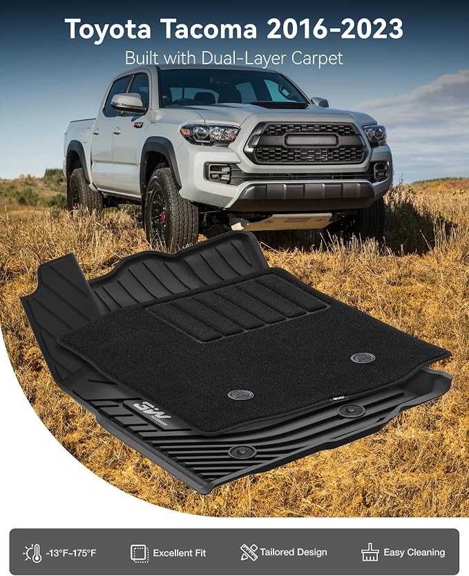 3W Floor Mats with First Row Carpets for Toyota Tacoma 2016-2023, TPE Floor Liner Thickened Carpet with Safety Locks and Driver Heel Pad fit Tacoma Cars Accessory(Only for Double Cab and Automatic)