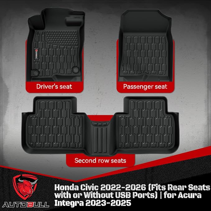 Floor Mats Compatible with Honda Civic 2022-2025 2026 (Fits Rear Seats with or Without USB Ports) | for Acura Integra 2023-2025, All Weather TPE Floor Liners, Custom Fit Car mats, 1st & 2nd Row, Black