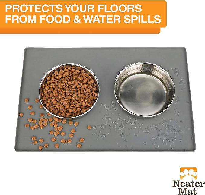 Neater Pet Brands Neater Mat Pet Mats for Food and Water, Cat & Dog Bowl Mat Waterproof Silicone, Feeding Tray, Dog Food Mats for Floors, Placemat w/Raised Edge for Under Bowls, 24" x 16", Grey