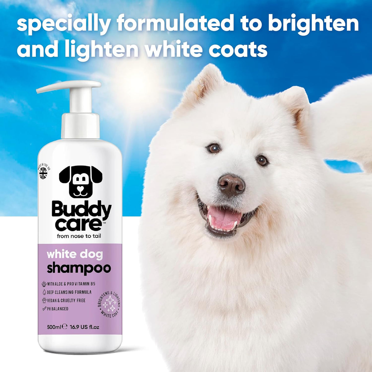 White Dog Shampoo by Buddycare | Brightening and Whitening Shampoo for Dogs | Deep Cleansing, Fresh Scented | with Aloe Vera and Pro Vitamin B5 (50.72oz)