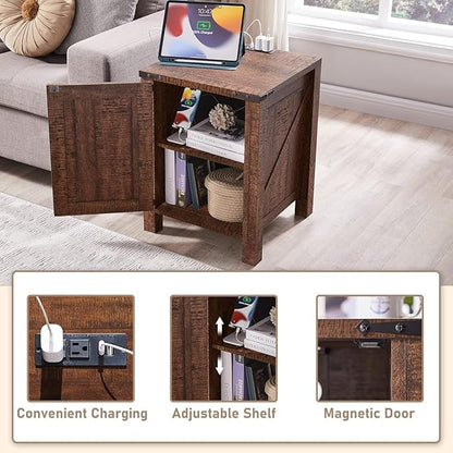 OKD Farmhouse Nightstand Set of 2 with Charging Station, 18 Inch Rustic End Table with Barn Door Cabinet, Adjustable Storage Shelf, Wood Sofa Side Table for Living Room, Bedroom, Reclaimed Barnwood