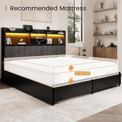 King Bed Frame with 6 Storage Drawers, Linen Upholstered Headboard, Built-in USB Charging Station & LED Lighting, Silent Metal Support, No Box Spring Needed, Vintage Black