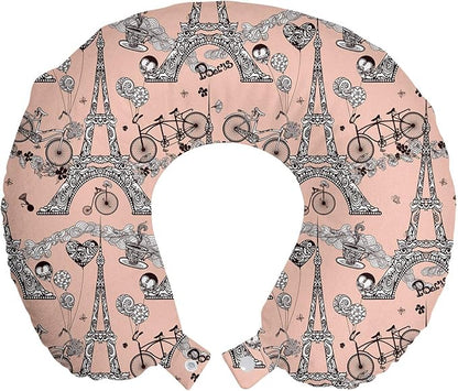 Ambesonne Eiffel Travel Pillow Neck Rest, Retro Bicycles Coffee Heart Balloons French Landmark Swirls, Memory Foam Traveling Accessory for Airplane and Car, 12", Salmon White