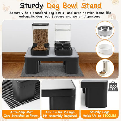 Elevated Dog Bowl Stand with Waterproof Dog Food Mat, Non-Slip, 1 Pc, Black | Reduce Neck & Joint Strain, Easy to Clean Silicone Pet Feeding Mat, Sturdy Legs, Ideal for Small & Medium Dogs and Cats