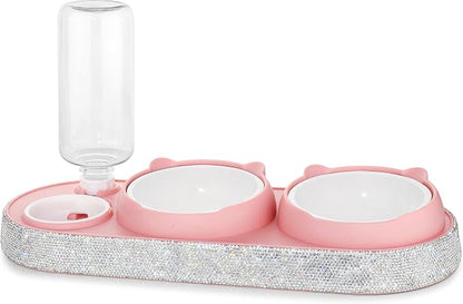 SlowVibes Bling Pink Cat Food and Water Bowl Set, Automatic Water Dispenser | 15-degree tilted double bowls with 17 oz automatic water dispenser for indoor cats, kittens, small medium dogs,Rhinestone