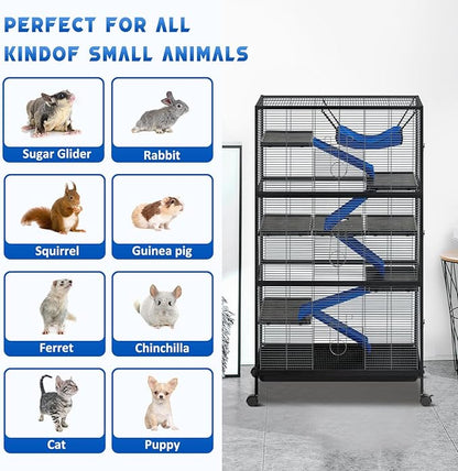 Metal Small Animal Cage 6-Tier Ferret Sugar Glider Cage for Chinchillas/Guinea Pig/Rabbit/Large Hamste Rolling Critter Nation Cage with Flannel ramps, Removable Tray,6 Doors Easy Clean