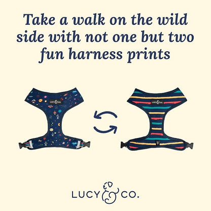 Lucy & Co. Reversible Dog Harness - Water-Repellent Neoprene, Dual-Print Design, Easy Swap Style, Adjustable Comfort Fit - Space Doodle Reversible Harness - Small