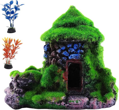 M2cbridge Aquarium Decorations Fish Hideout House Betta Cave with Green Lifelike Moss (Style 1)