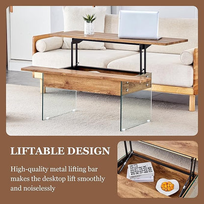 HanStrong 43.3" Lift-Top Coffee Table with Storage,Marble & Tempered Glass Space-Saving for Living Room,Office,Natural