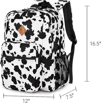 ZORFIN 26L Backpack for College, and Travel: Water Resistant Bookbag - Cow Print Black