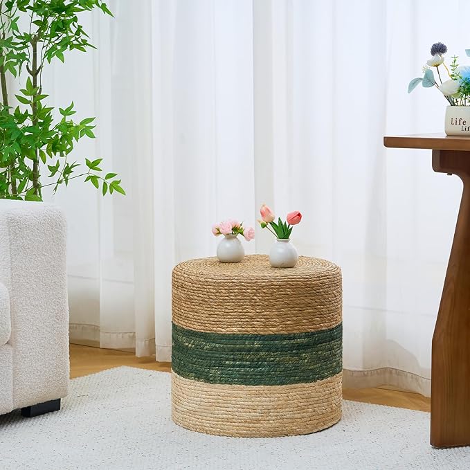 Wimarsbon 18'' Ottoman Pouf, Natural Braided Poof, Rustic Handweave Lounge Pouffe, Boho Footrest Stool for Bedroom, Accent Table for Living Room (18inch Natural Cattail + Green Corn Husk)