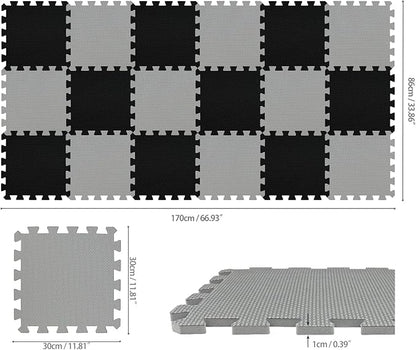 qqpp EVA Rubber 18 Tiles Interlocking Puzzle Foam Floor Mats - Baby Play Mat for Playing | Exercise Mat for Home Workout. Black, Gray. QC-DLb18N