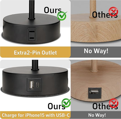 Bedside Table Lamp for Bedroom - 3 Way Dimmable Touch Lamp USB C Charging Ports and AC Outlet, Black Base Round Flaxen Fabric Shade for Living Room, Desk, LED Bulb Included(Black)