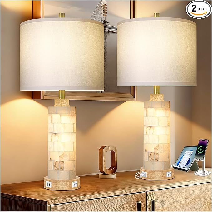 27" Natural Alabaster Wood Table Lamp Set of 2 with Night Light for Living Room, Nightstand Lamps with USB A+C Ports, Linen Shade, Farmhouse Bedside Lamps for Bedroom,Office,Hotel (Bulbs Included)
