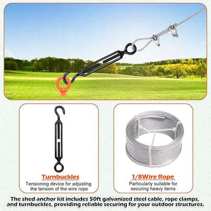 Camitlli 4 Pack 18" Fully Welded Ground Anchors Shed Anchor Kit with 1/8" Galvanized Cable, Heavy Duty Earth Anchors High Wind Screw in for Trampoline Swingset Tent Greenhouses (Orange)