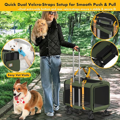 PAWZIDEA Expandable Large Pet Carrier with Wheels, 24x16x16 in Rolling Cat Carrier for 2–4 Cats up 55lb, Soft-Sided Collapsible Small Medium Dog Crate for Car Travel, Telescopic Handle, Storage Pocket