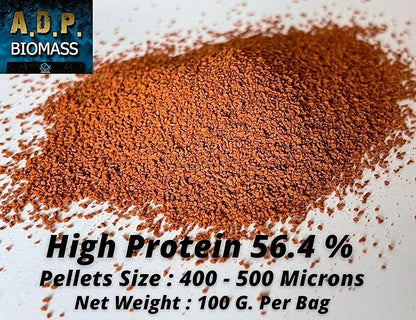 A.D.P. Biomass 100 g. Special High Protein 56.4% Tropical Fish Food Growth Fast Color Enhancer Guppy Betta Feed Slow Sinking Pellets 400 Microns for All Small to Medium Fish & Fry Newborn Fish Care