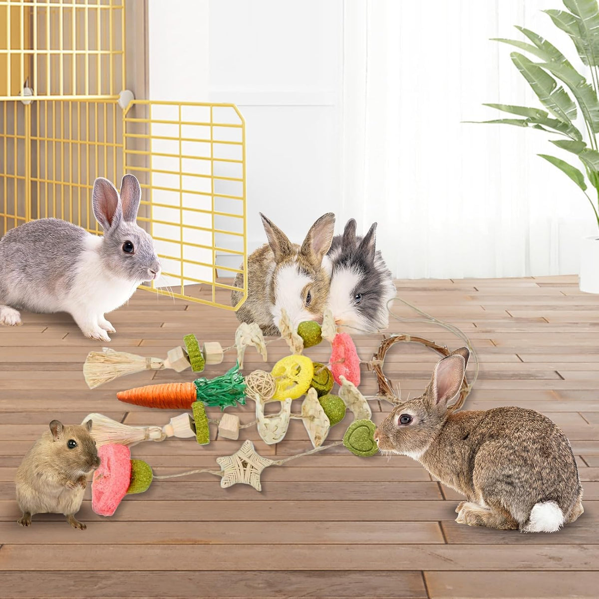 Rabbit Chew Toys Bunny Cage Hanging Toy and Treats Rattan Ring with Snacks for Rodent Pets Teeth Healthy