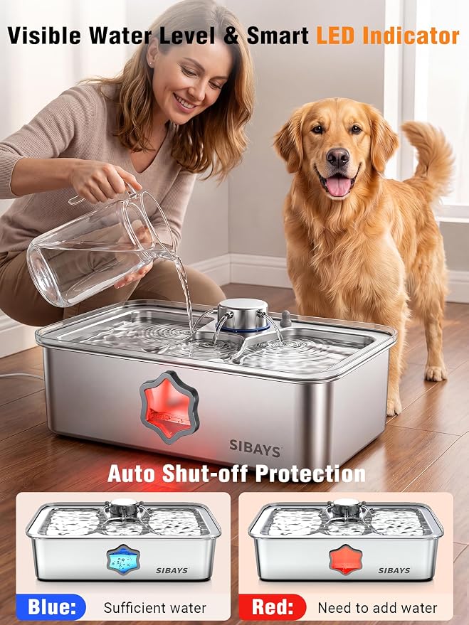 SIBAYS 4.5Gal/17L Dog Water Fountain for Large Dogs, Large Capacity Stainless Steel Pet Water Fountain, Automatic Quiet Dog Water Bowl Dispenser with Water Level & LED Light, Easy to Clean FS86