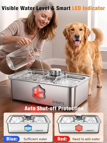 SIBAYS 4.5Gal/17L Dog Water Fountain for Large Dogs, Large Capacity Stainless Steel Pet Water Fountain, Automatic Quiet Dog Water Bowl Dispenser with Water Level & LED Light, Easy to Clean FS86