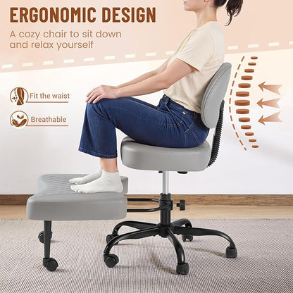 Homall Ergonomic Cross Legged Office Desk Chair with Wheels, 360° Swivel and Adjustable Height for Meditation and ADHD,Criss Cross Kneeling Chair with Lumbar Support (Leather, Grey)