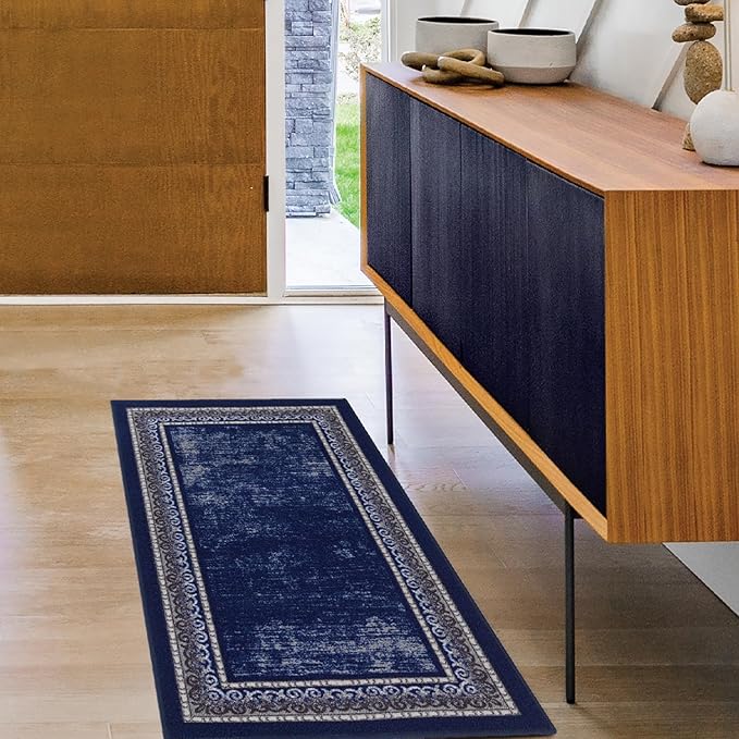 Antep Rugs Alfombras Bordered Modern 2x4 Non-Slip (Non-Skid) Low Pile Rubber Backing Kitchen Area Rug (Navy, 2'3" x 4')