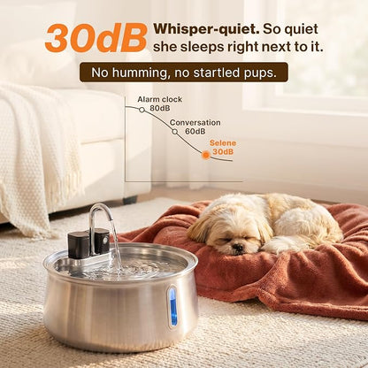 Selene Wireless Doggy Fountain, 7L (1.85 Gal) Cordless Dog Water Fountain for Dogs Inside, Stainless Steel Pet Fountain, 4-Layer Filtration, 30-Day Battery