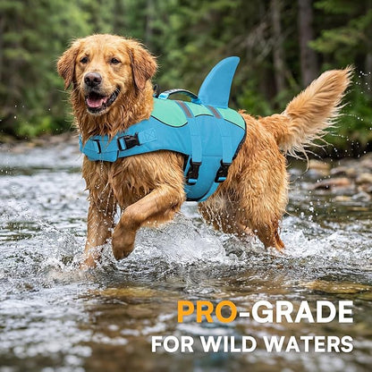 Shark Dog Life Jacket, Dog Life Vests for Boating, High Buoyant Pet Life Vest for Swimming, Adjustable Easy On Life Jackets for Small, Medium, Large Dogs (Pool Blue,L)