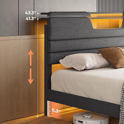 King Size Bed Frames with Upholstered Headboard, Modern Platform Bed with Charging Station and Led Lights, Bed Frame with Sturdy Wooden Slats/No Box Spring Needed/2-Tier Storage, Grey