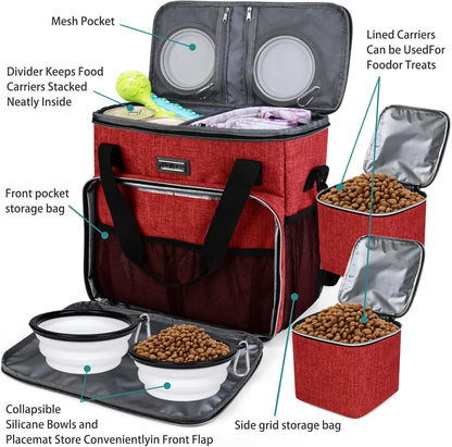BAGLHER Dog Travel Bag, Pet Travel Bag (ALL Pet Travel Supplies), With 2 Pet Food Containers and 2 Collapsible Silicone Bowls; Essential Kits for Pet Travel Red