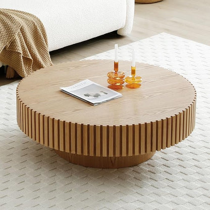 35.43''/90CM Samll Round Wood Coffee Table for Living Room, Modern Handcraft Drum Tea Table, Circle Wooden Coffee Table for Small Space Apartment (Oak, Ø35.43 x 13.77)