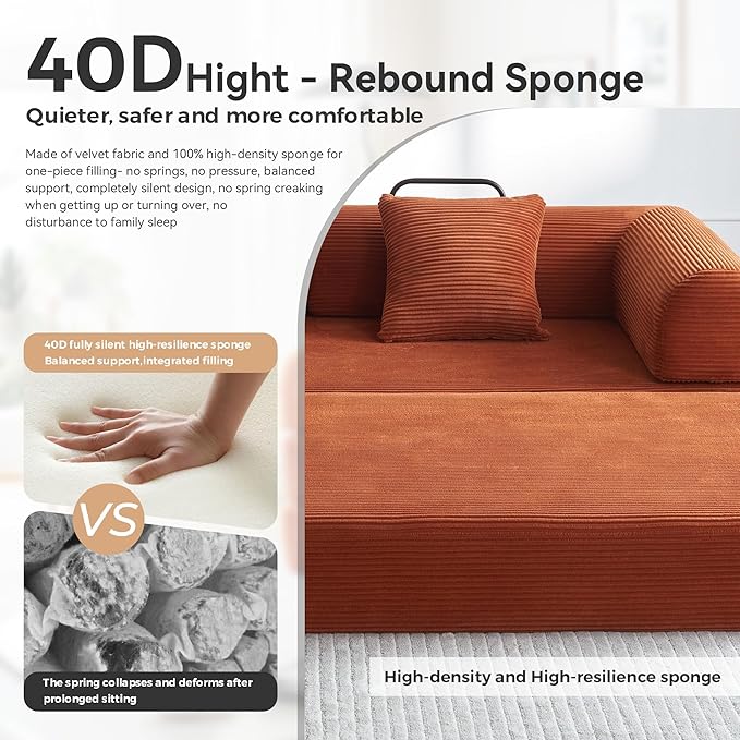 Convertible Sleeper Sofa Bed with Cylindrical Pillow, Modern Corduroy Futon Bed, Modular Sofa with Pull-Out Bed, Love Seat Sleeper for Living Room, Small Space Apartment, Office (Orange)