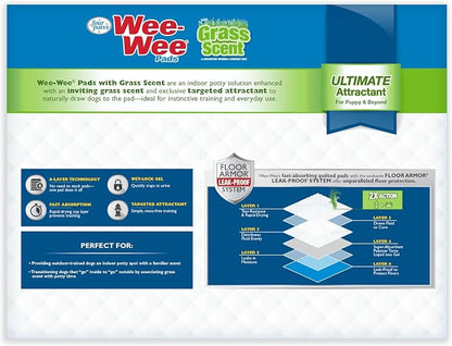 Four Paws Wee-Wee Ultimate Attractant Dog Pee Pads, Grass Scent, 100 Count | Smells like real grass, leak-proof puppy pads, dog housebreaking & potty training, 24-hour floor protection, 22" x 23"
