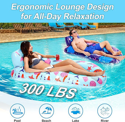 PuppyuWill 2 Pack Pool Floats Adult,Inflatable Pool Lounger Float Heavy Duty with Cup Holder, Backrest & Footrest Pool Lounge Float Extra Large Pool Rafts for Adults Beach Lake Party