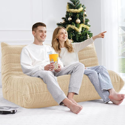 Bean Bag Loveseat Chair Big Sofa Beanbag Chair for Adults Fireside Chair Bean Bag Lounger with Memory Foam Filled for Home,Apartment or Gaming Venue（Khaki Teddy）