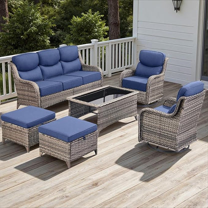 Rilyson Wicker Outdoor Patio Furniture Set - 6 Piece Patio Conversation Sets with Swivel Rocker Chairs, Ottomans, Sofa and Coffee Table, 6 inch Cushions, Deep Seating, for Porch Deck Mixed Grey/Blue