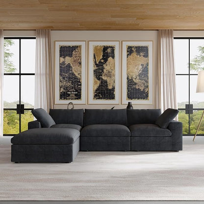 JACH L-Shaped Cloud Sectional Couches for Living Room, Modular Convertible Sofa, Ottoman with Storage, Thick Cushions, Couch Covers Removable, Cloud Sectional Sofas for Apartment (Black)