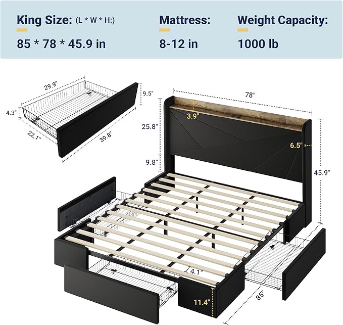 Allewie King Size Velvet Bed Frame with 3 Storage Drawers, Upholstered Platform Bed with Wingback Storage Headboard and USB Ports, No Box Spring Needed, Easy Assembly, Black