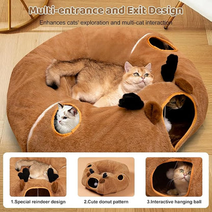 Cat Tunnel Bed with 20 Pcs Interactive Toys, 3-in-1 DIY Collapsible Plush Cat Tube with Washable Mat, Large Indoor Play Tunnel Cave for Kittens and Small Animals