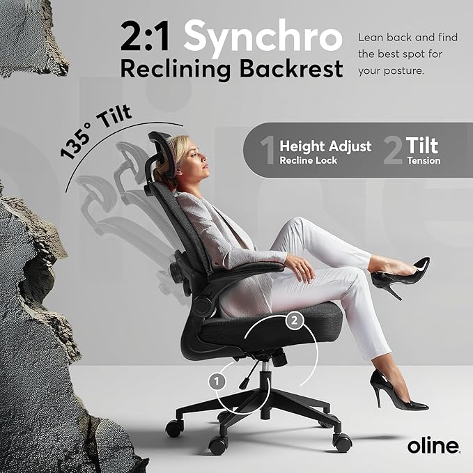 Oline ErgoAir Ergonomic Office Chair – Adjustable Lumbar Support, Flip-Up Armrests, Mesh Computer Desk Chair, Swivel Rolling Executive Gaming Chair for Home & Office (Black)